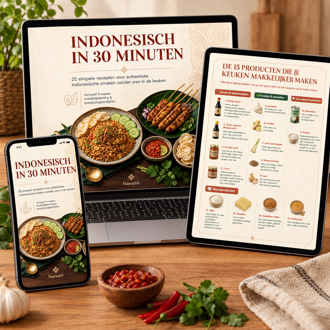 Mockup van de digitale kookbundel Indonesisch in 30 Minuten op laptop, telefoon en tablet